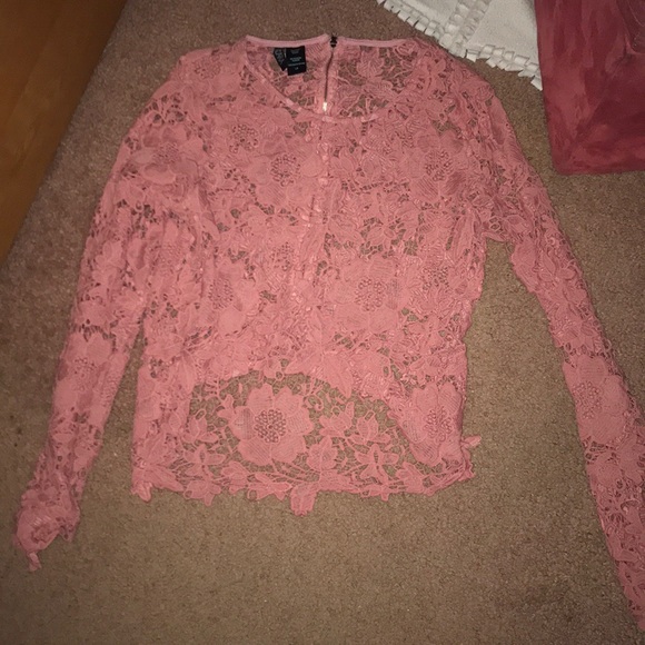 PINK LACEY LONG SLEEVE SEE-THROUGH TOP - Picture 1 of 5